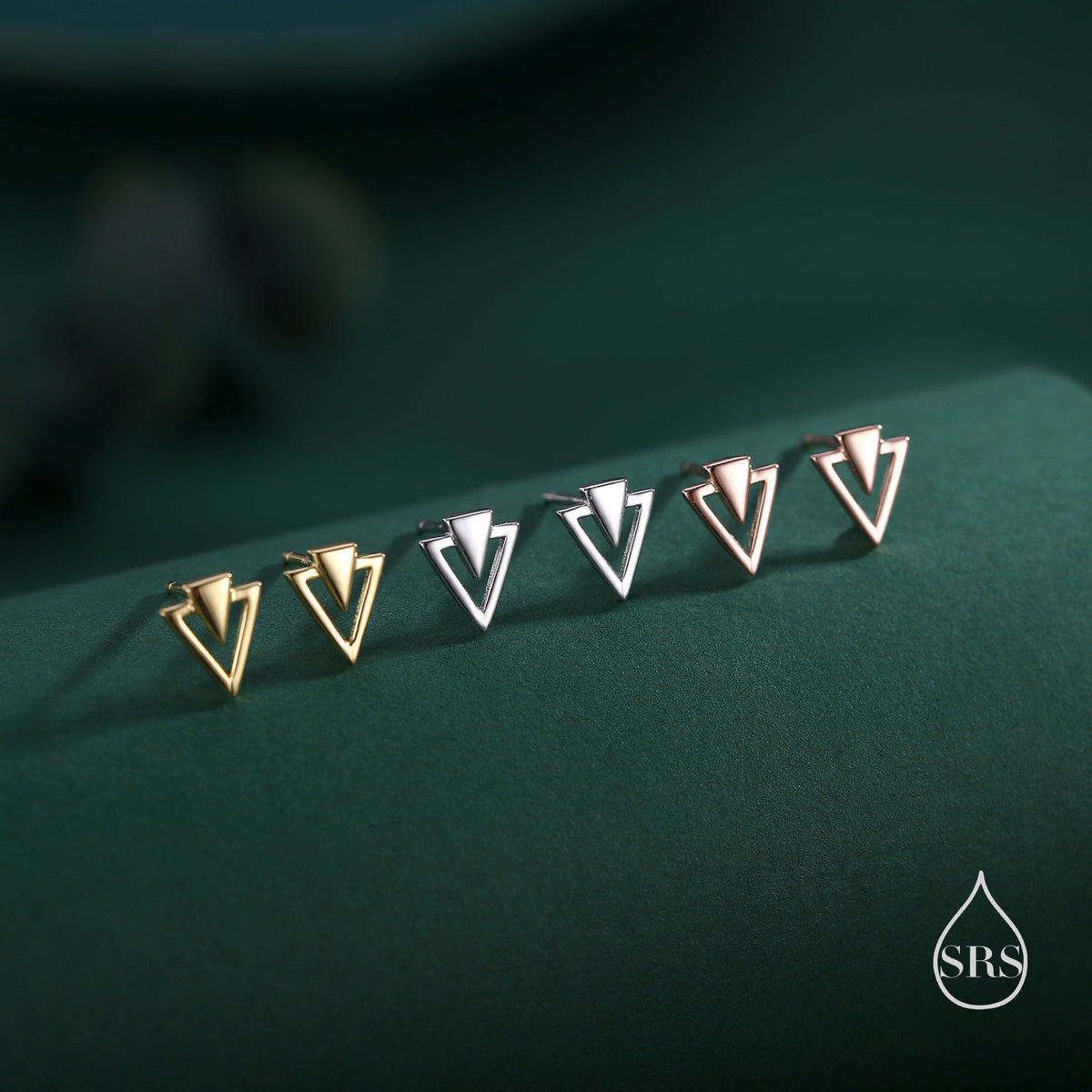 Art Deco Style Tiny Double Triangle Stud Earrings in Sterling Silver, Silver or Gold or Rose Gold, Cut Out Triangle Jacket Earrings