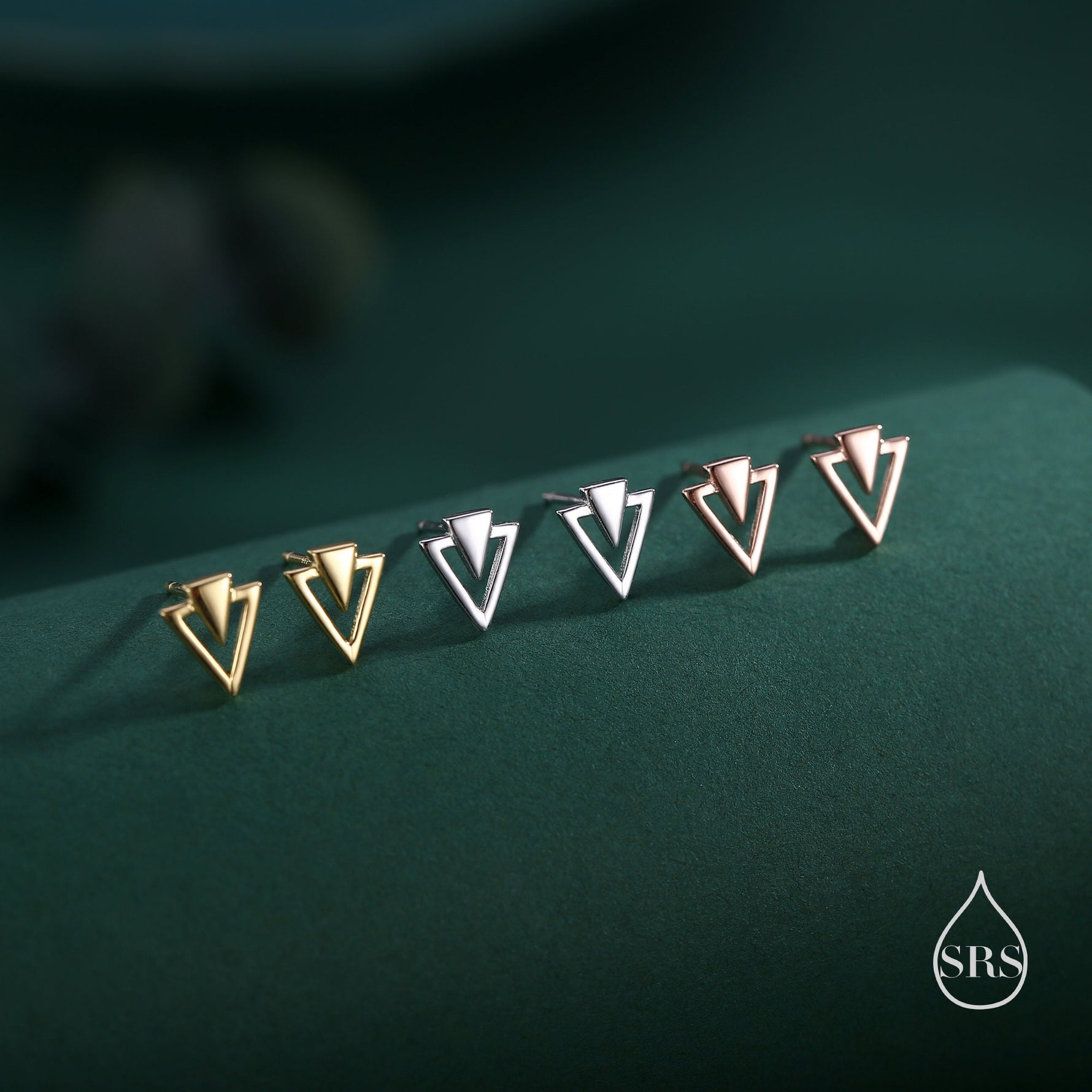 Art Deco Style Tiny Double Triangle Stud Earrings in Sterling Silver, Silver or Gold or Rose Gold, Cut Out Triangle Jacket Earrings