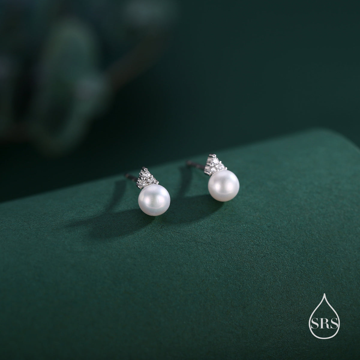 Genuine Freshwater Pearl CZ Trio Stud Earrings in Sterling Silver, Delicate Tiny Pearl and CZ Earrings, Trinity Pearl, Genuine Pearls.