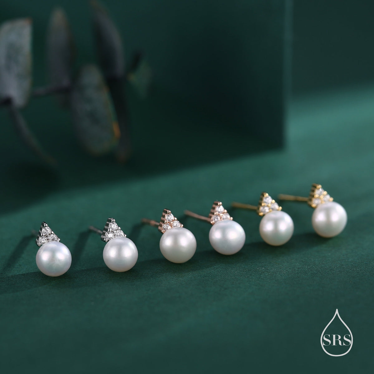 Genuine Freshwater Pearl CZ Trio Stud Earrings in Sterling Silver, Delicate Tiny Pearl and CZ Earrings, Trinity Pearl, Genuine Pearls.