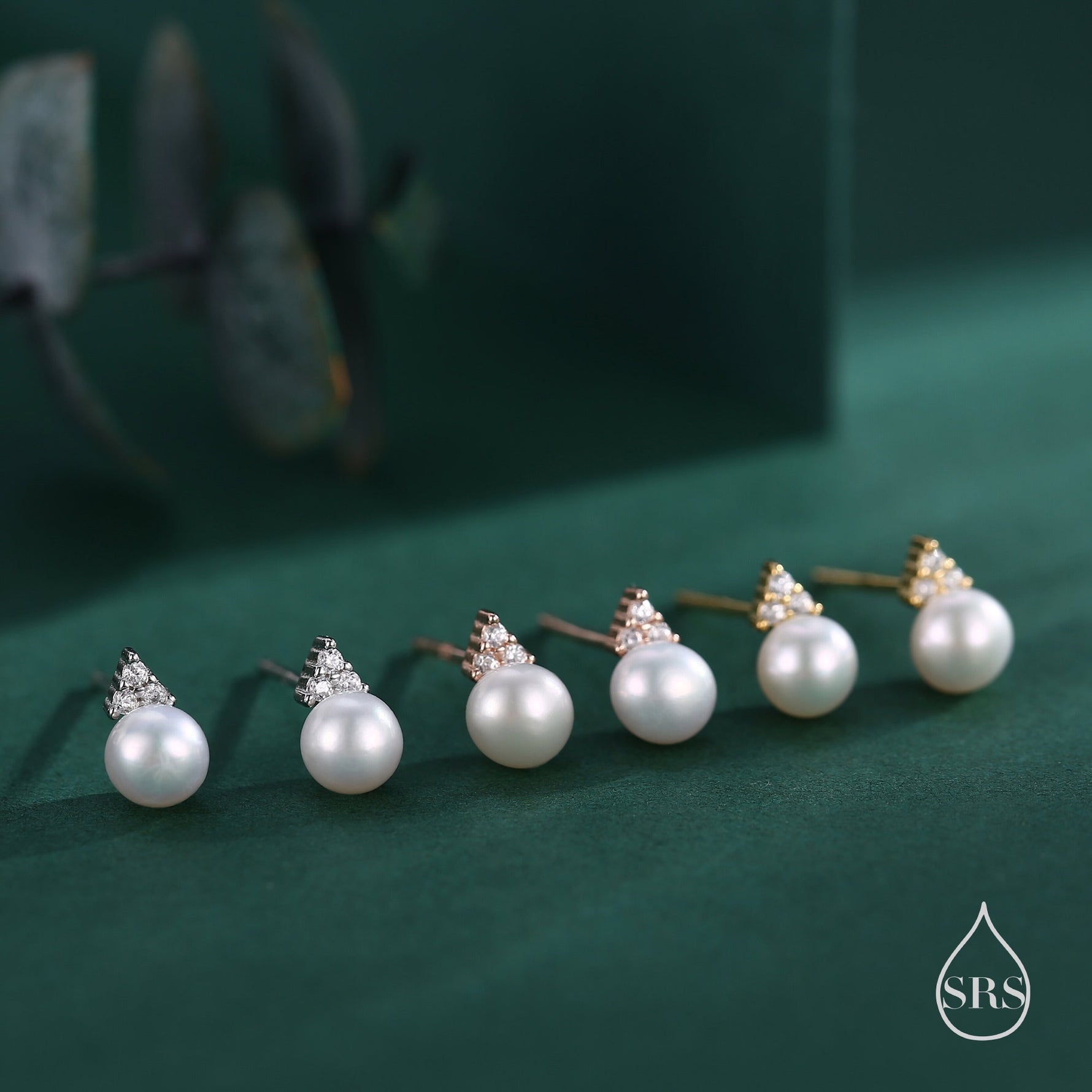 Genuine Freshwater Pearl CZ Trio Stud Earrings in Sterling Silver, Delicate Tiny Pearl and CZ Earrings, Trinity Pearl, Genuine Pearls.