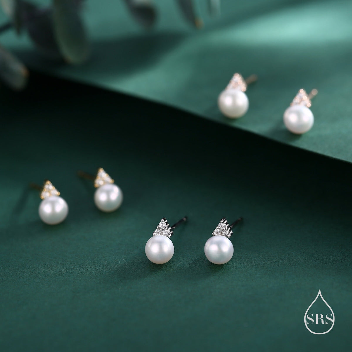 Genuine Freshwater Pearl CZ Trio Stud Earrings in Sterling Silver, Delicate Tiny Pearl and CZ Earrings, Trinity Pearl, Genuine Pearls.
