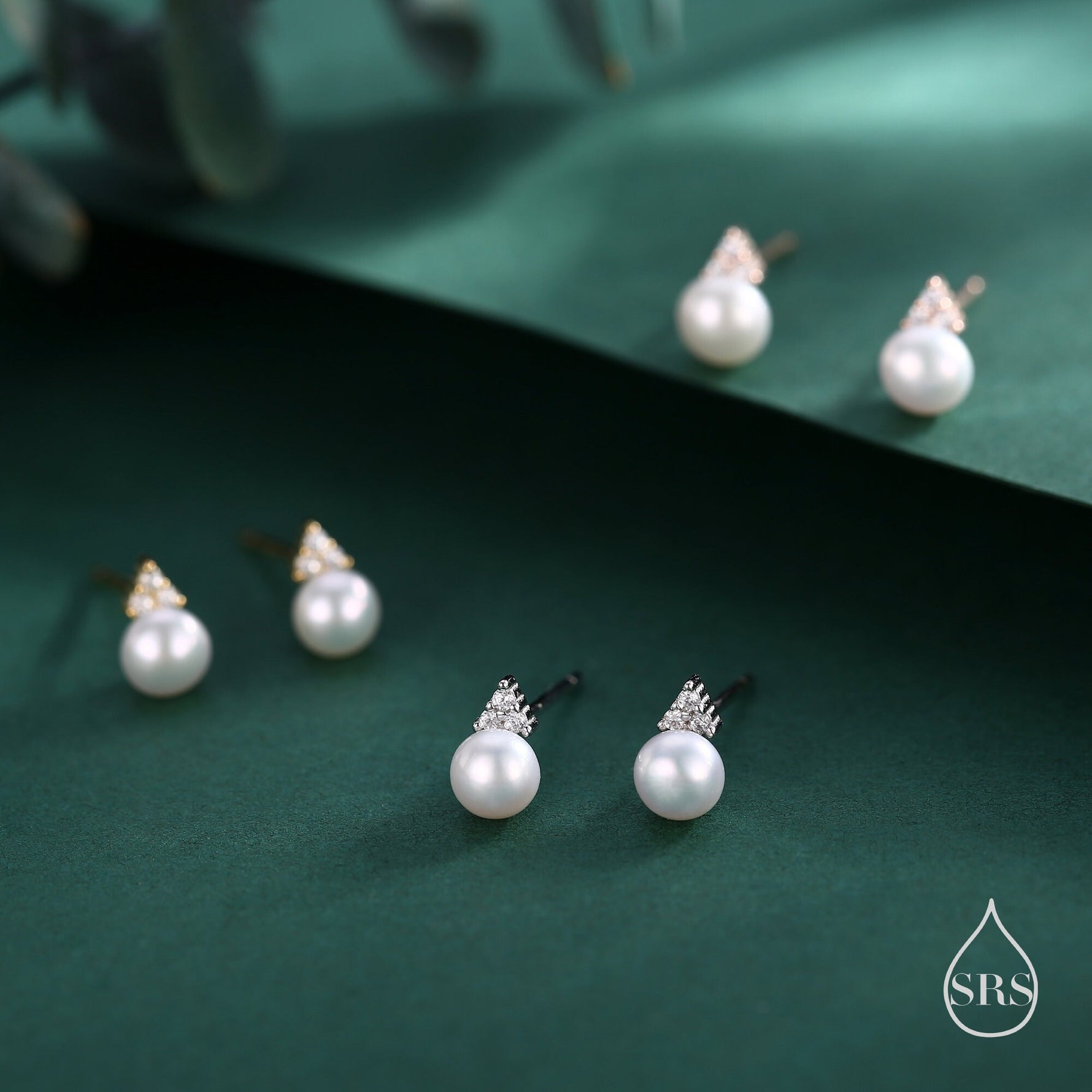Genuine Freshwater Pearl CZ Trio Stud Earrings in Sterling Silver, Delicate Tiny Pearl and CZ Earrings, Trinity Pearl, Genuine Pearls.
