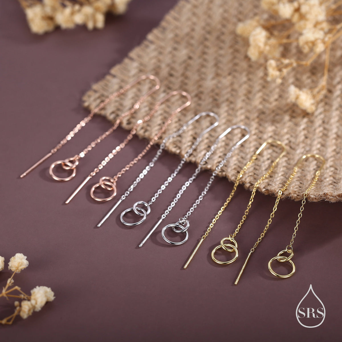 Double Circle Threader Earrings in Sterling Silver, Interlink Circle Ear Threaders, Silver, Gold or Rose Gold, Long Threaders U Threaders