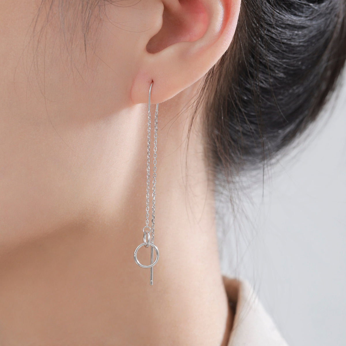 Double Circle Threader Earrings in Sterling Silver, Interlink Circle Ear Threaders, Silver, Gold or Rose Gold, Long Threaders U Threaders
