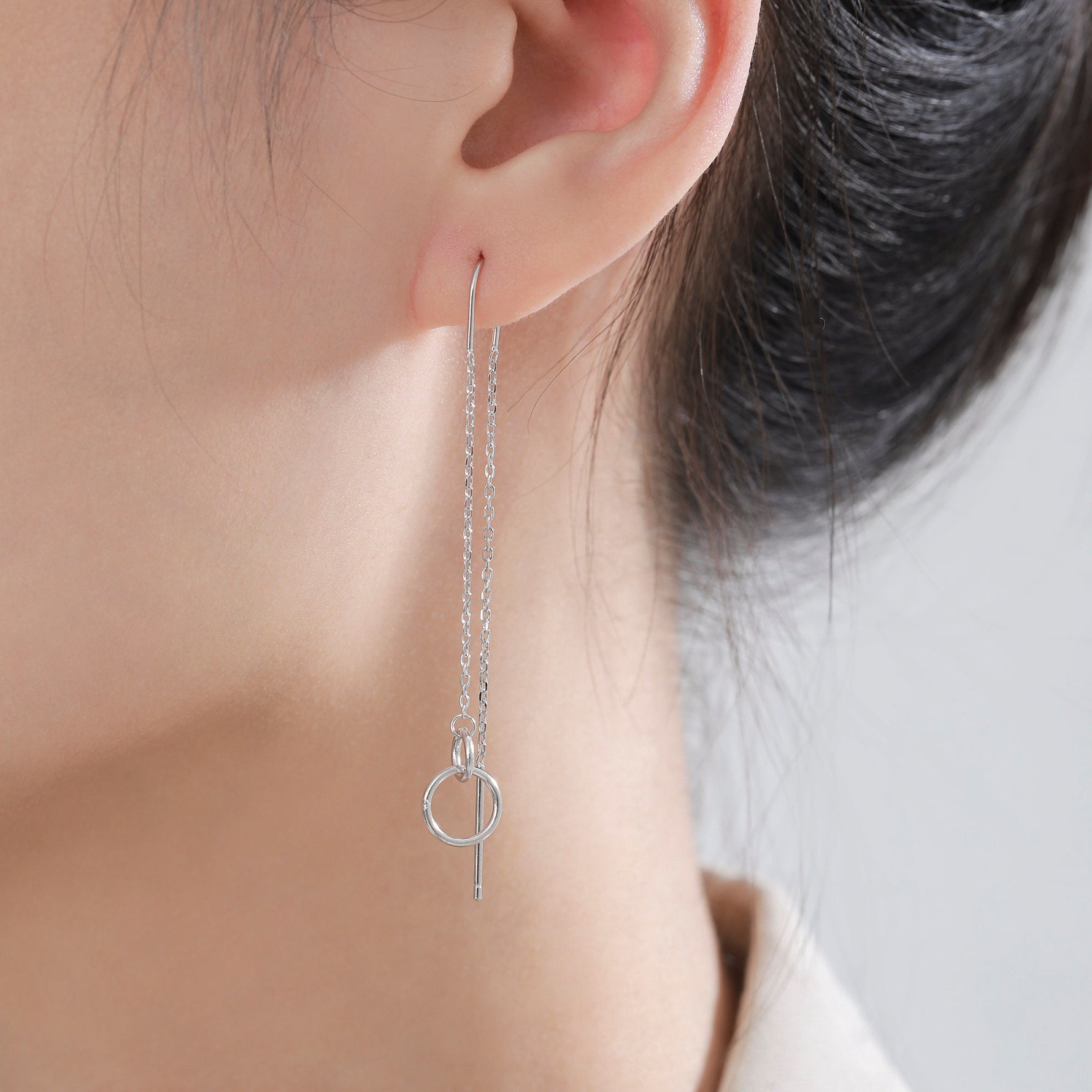 Double Circle Threader Earrings in Sterling Silver, Interlink Circle Ear Threaders, Silver, Gold or Rose Gold, Long Threaders U Threaders