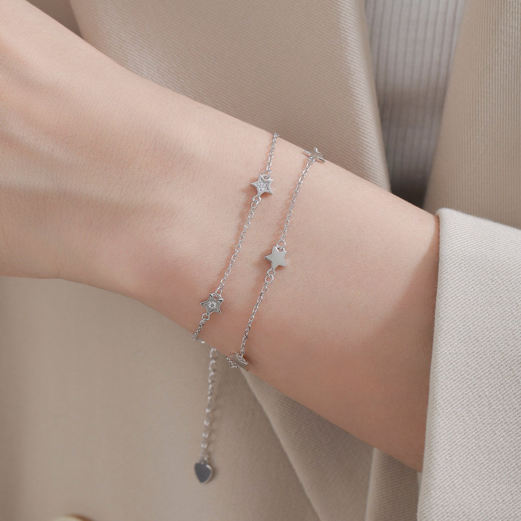 Double Layer Star Bracelet in Sterling Silver, Silver or Gold or Rose Gold, Floating Star Bracelet, Silver Star Bracelet, Tiny Star Bracelet