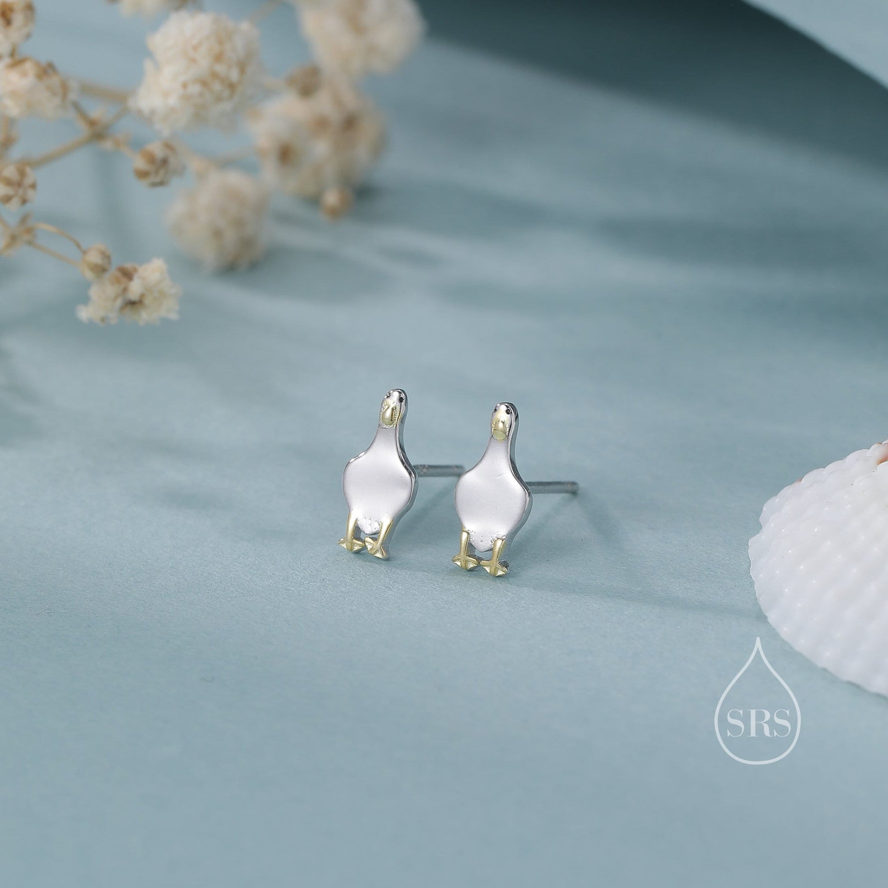 Silly Duck Stud Earrings in Sterling Silver, Extra Tiny, Bird Earrings,Two Tone Duck Earrings, Cute Duck Earrings