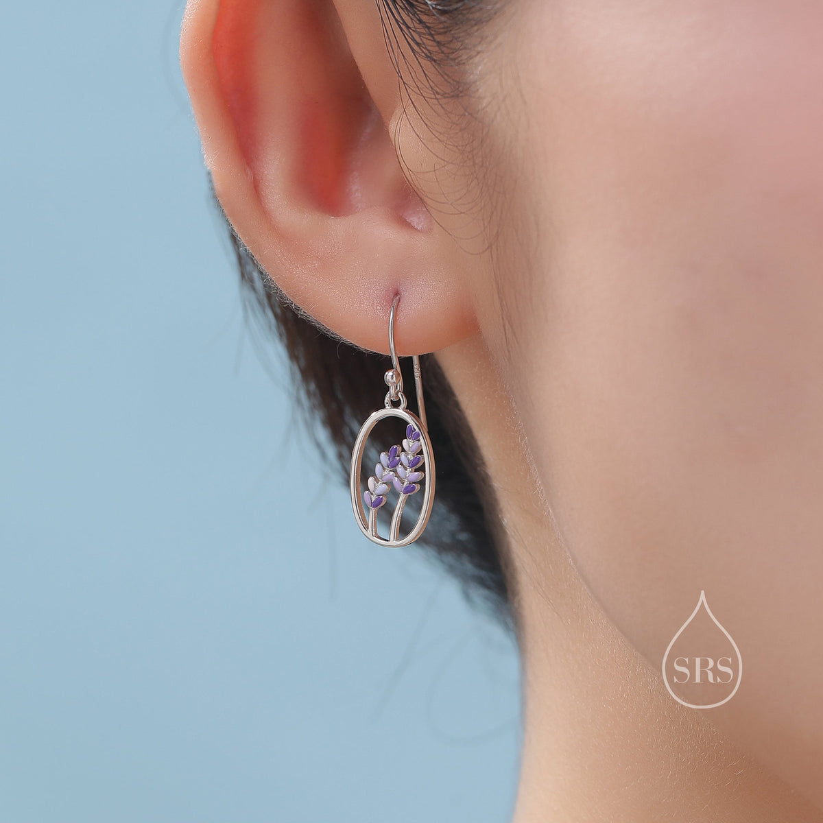 Sterling Silver Lavender Drop Hook Earrings, Handpainted Enamel Lavender Earrings, Silver or Gold, Purple Lavender Earrings