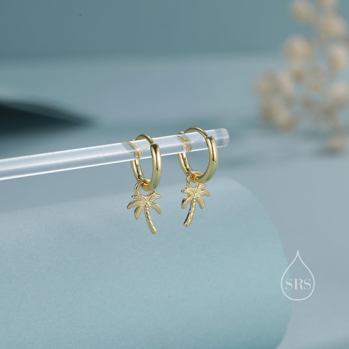 Sterling Silver Palm Tree Huggie Hoops, Silver or Gold or Rose Gold, Detachable Palm Tree Hoop Earrings, Coconut Tree Charm Dangle Earrings,
