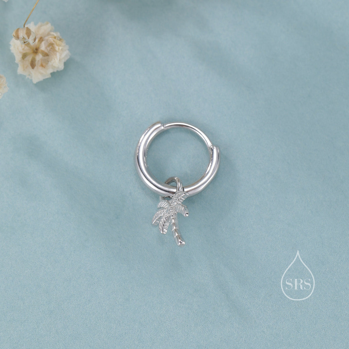 Sterling Silver Palm Tree Huggie Hoops, Silver or Gold or Rose Gold, Detachable Palm Tree Hoop Earrings, Coconut Tree Charm Dangle Earrings,