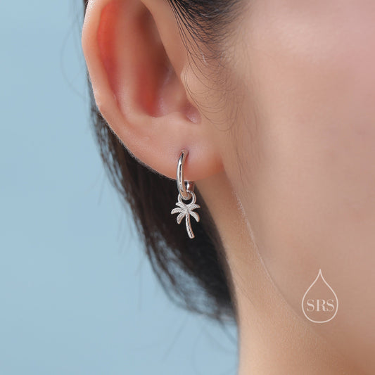 Sterling Silver Palm Tree Huggie Hoops, Silver or Gold or Rose Gold, Detachable Palm Tree Hoop Earrings, Coconut Tree Charm Dangle Earrings,