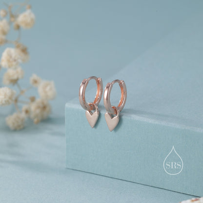 Sterling Silver Heart Huggie Hoops, Silver or Gold or Rose Gold, Detachable Tiny Heart Hoop Earrings, Heart Charm Dangle Earrings,