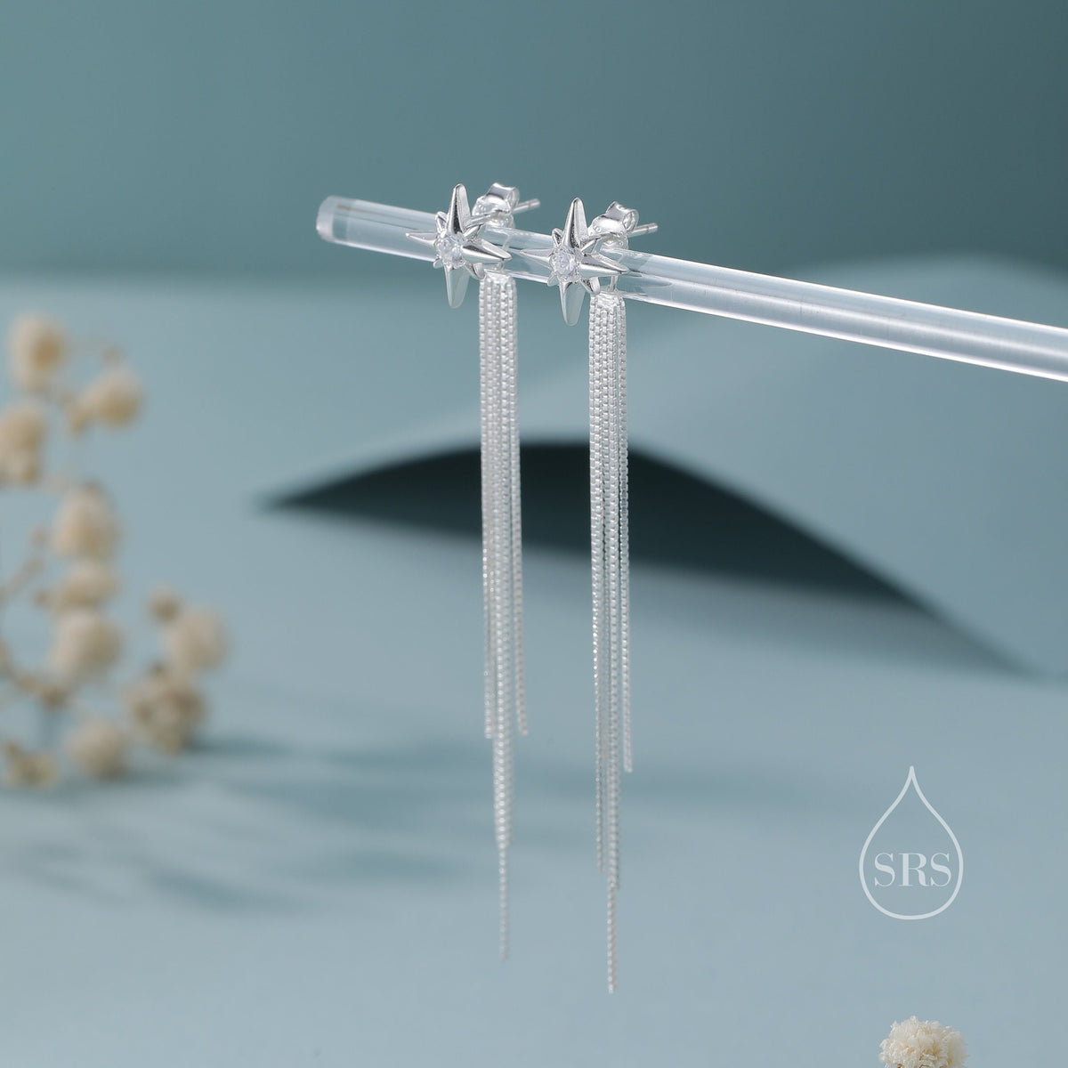 Starburst Dangle Drop Stud Earrings in Sterling Silver with Sparkle Tassels, Silver or Gold or Rose Gold, Tiny North Star Dangle Earrings