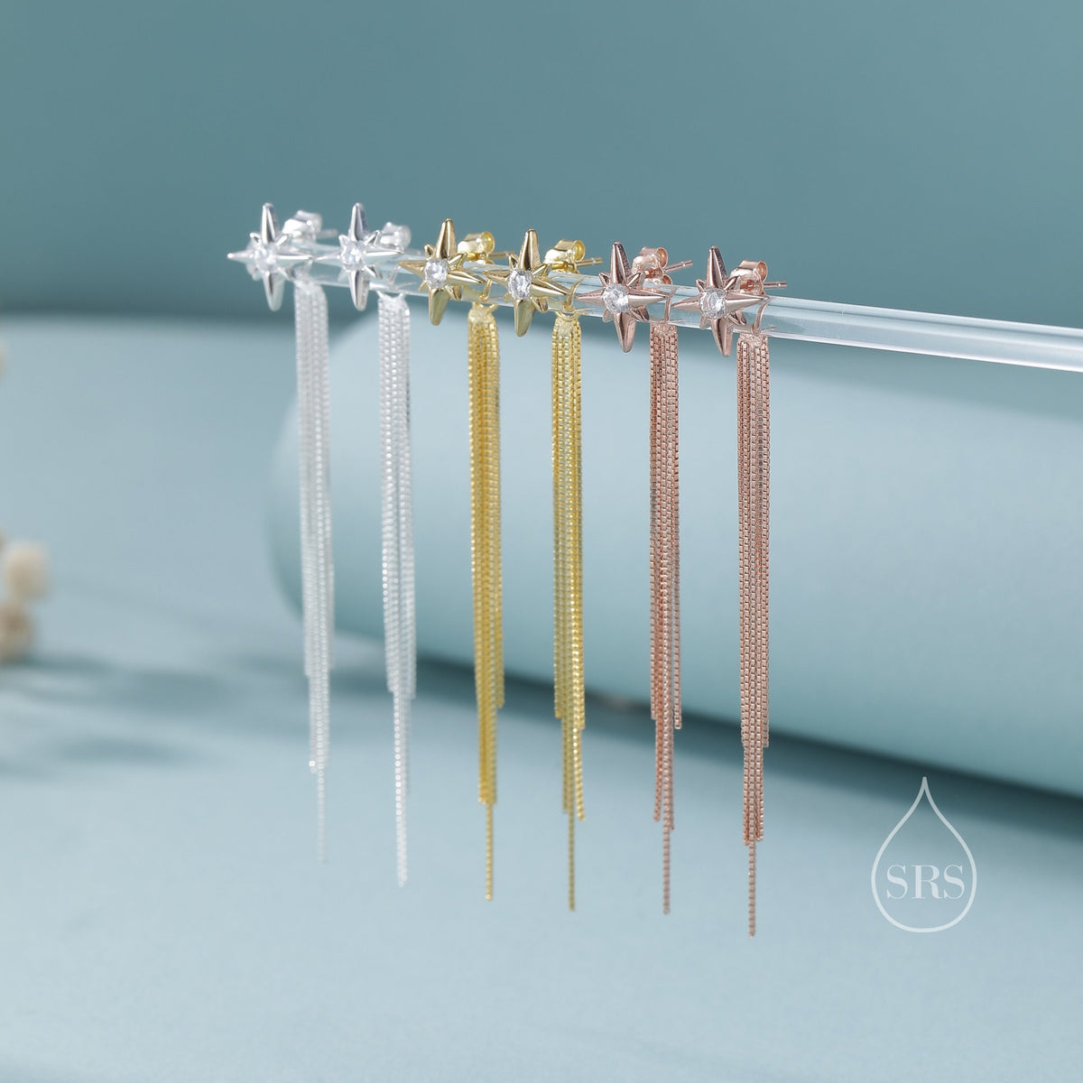 Starburst Dangle Drop Stud Earrings in Sterling Silver with Sparkle Tassels, Silver or Gold or Rose Gold, Tiny North Star Dangle Earrings