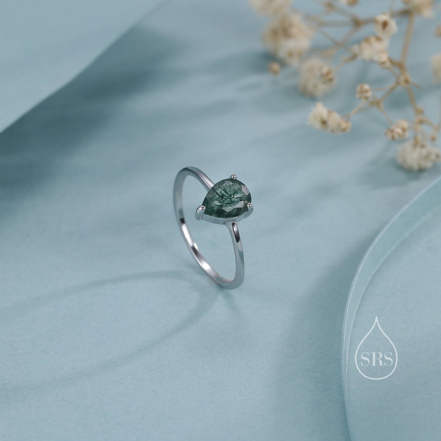 1 Carat Pear Cut Moss Agate Classic Single Stone Engagement Ring in Sterling Silver, Droplet Moss Agate Ring, US 5-8