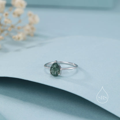 1 Carat Pear Cut Moss Agate Classic Single Stone Engagement Ring in Sterling Silver, Droplet Moss Agate Ring, US 5-8