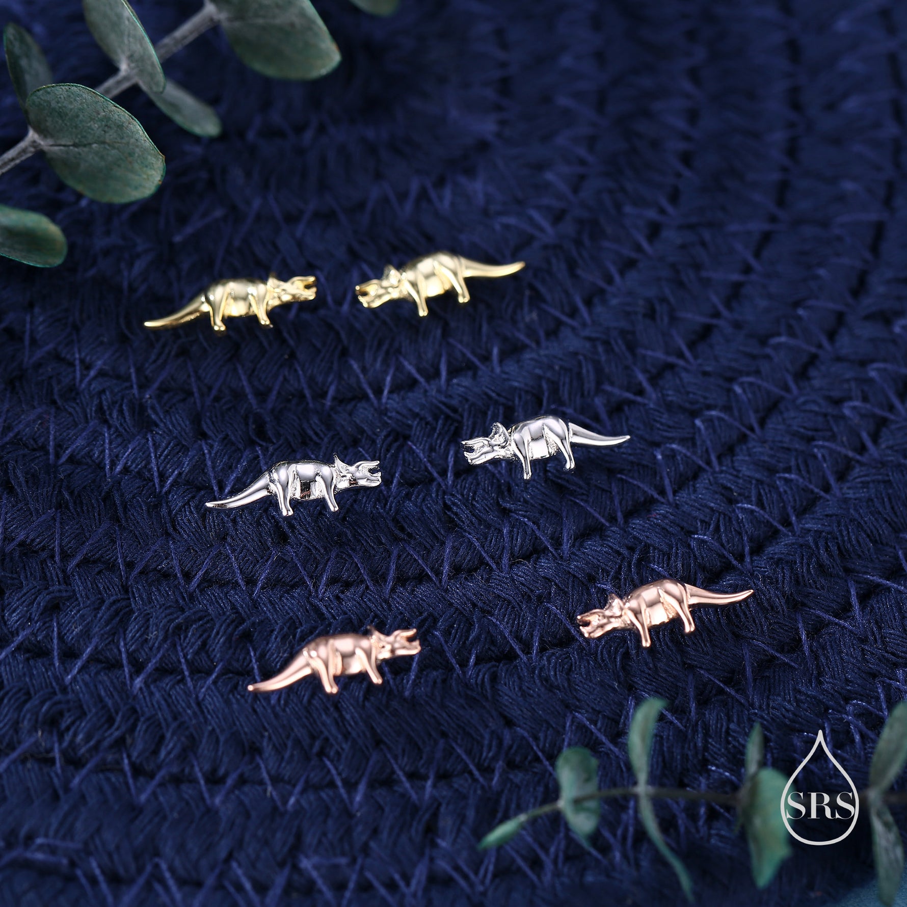 Triceratops Dinosaur Fossil Stud Earrings in Sterling Silver, Silver, Gold or Rose Gold, Quirky Dino Stud, Tiny Dino Stud