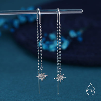 Starburst Threader Earrings in Sterling Silver, North Star U Shape Ear Threaders, Silver, Gold or Rose Gold, Star Threaders, Long Threaders