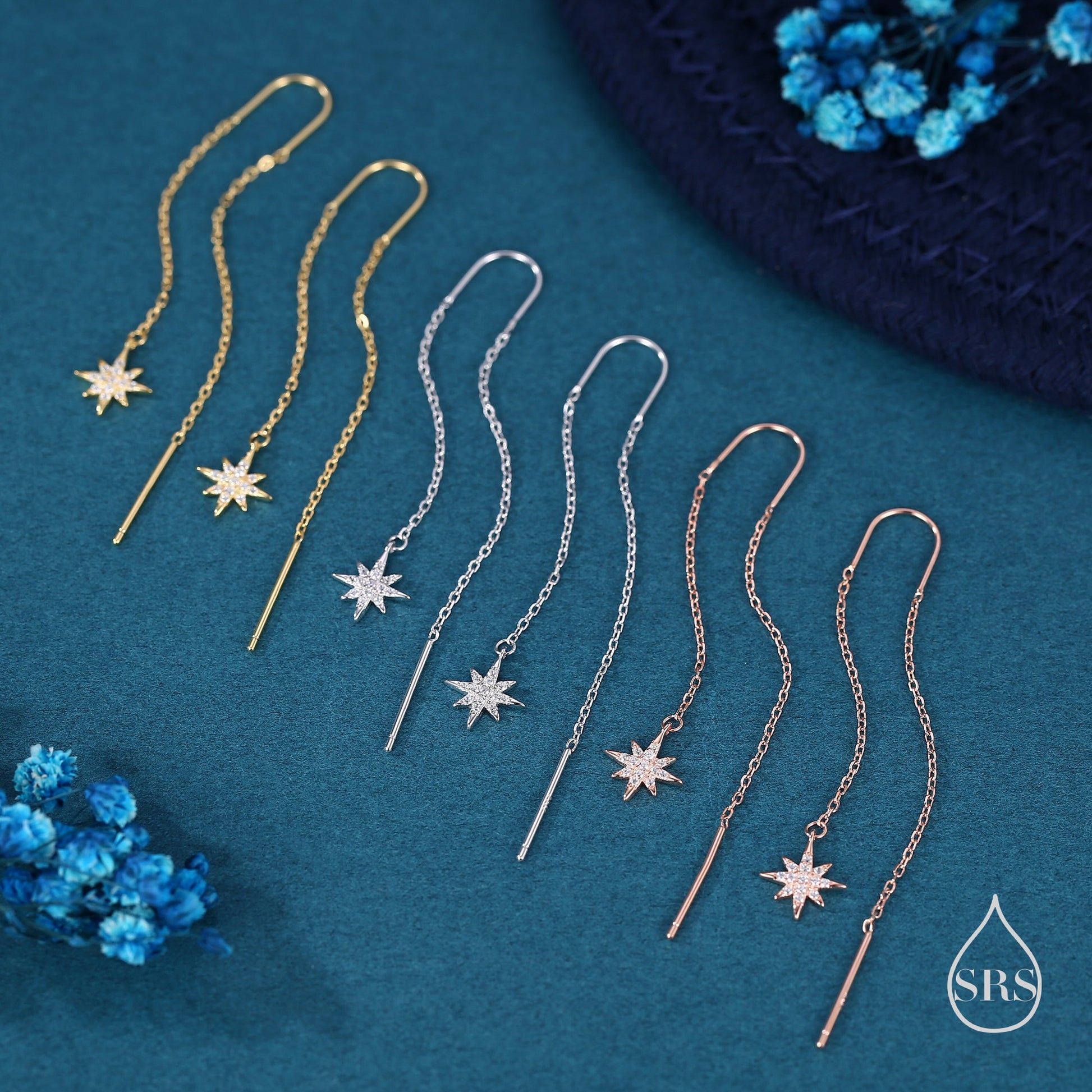 Starburst Threader Earrings in Sterling Silver, North Star U Shape Ear Threaders, Silver, Gold or Rose Gold, Star Threaders, Long Threaders