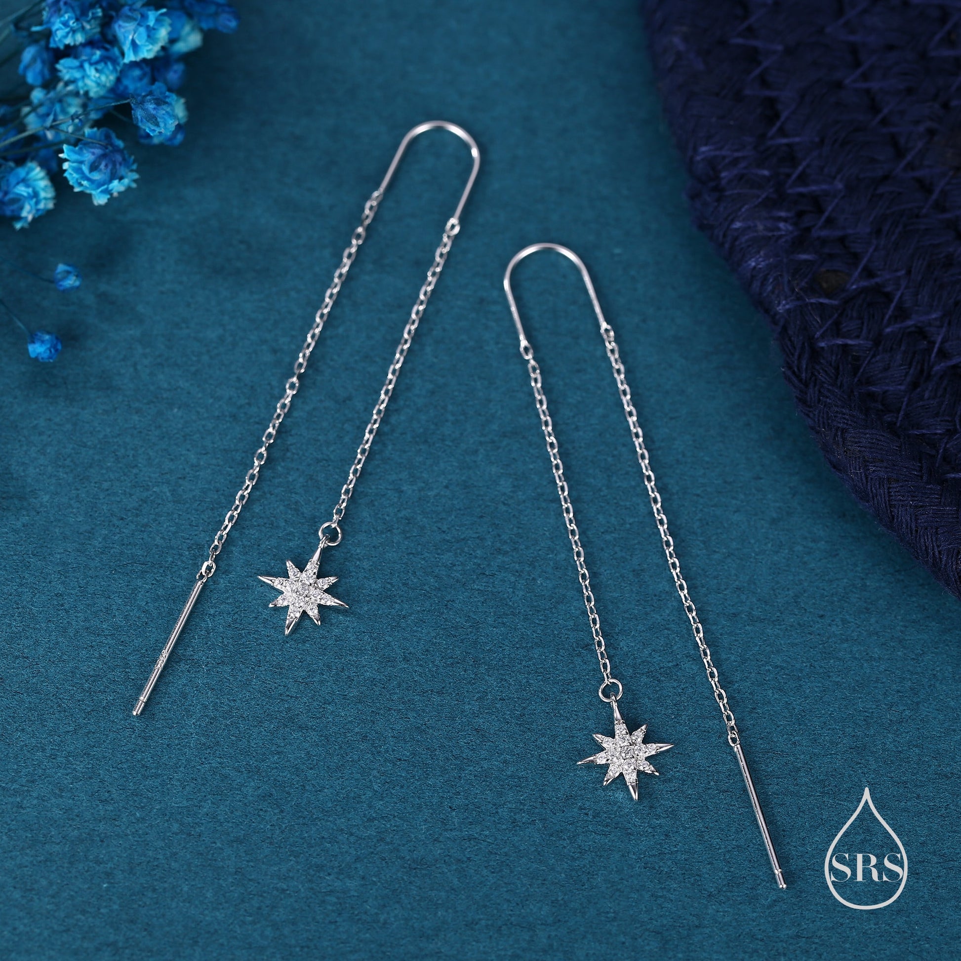 Starburst Threader Earrings in Sterling Silver, North Star U Shape Ear Threaders, Silver, Gold or Rose Gold, Star Threaders, Long Threaders