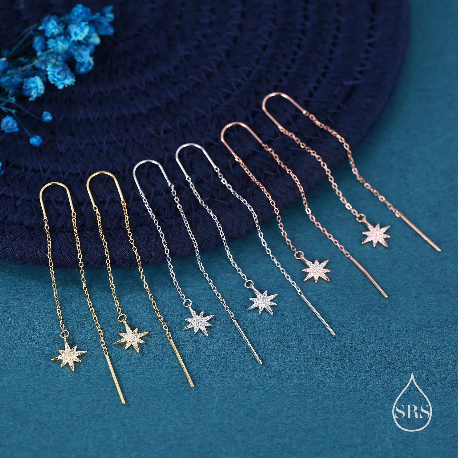 Starburst Threader Earrings in Sterling Silver, North Star U Shape Ear Threaders, Silver, Gold or Rose Gold, Star Threaders, Long Threaders