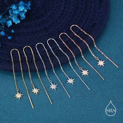 Starburst Threader Earrings in Sterling Silver, North Star U Shape Ear Threaders, Silver, Gold or Rose Gold, Star Threaders, Long Threaders