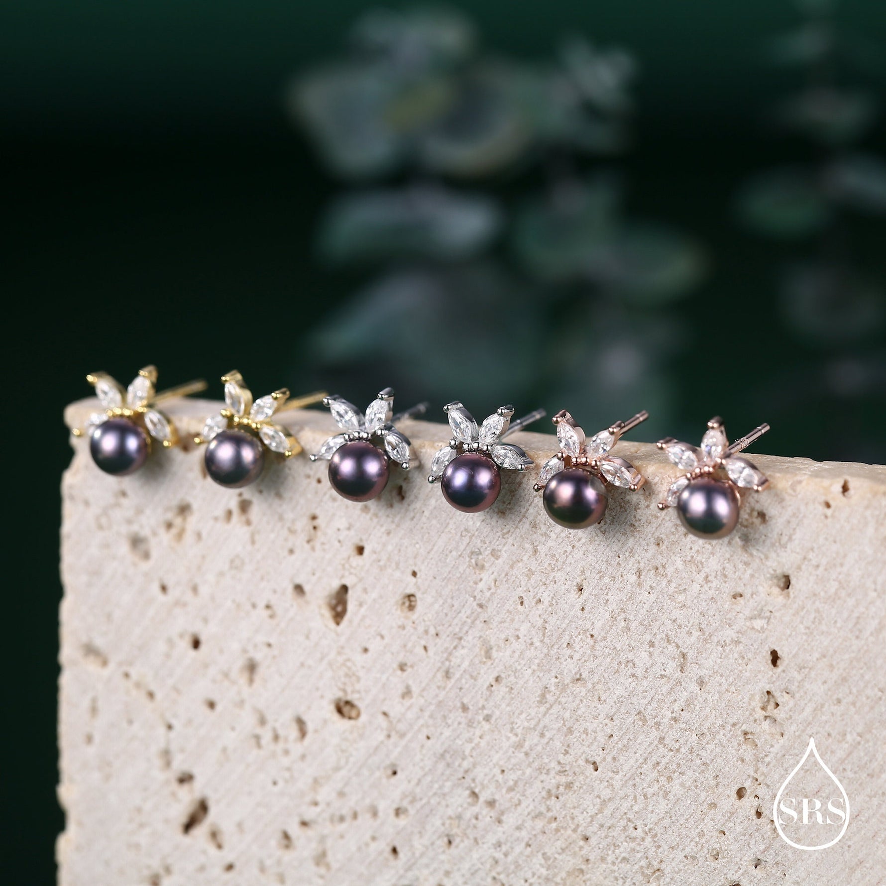 Genuine Freshwater Pearl with Marquise CZ Stud Earrings in Sterling Silver, Delicate Tiny Pearl and CZ Earrings, Genuine Pearls.