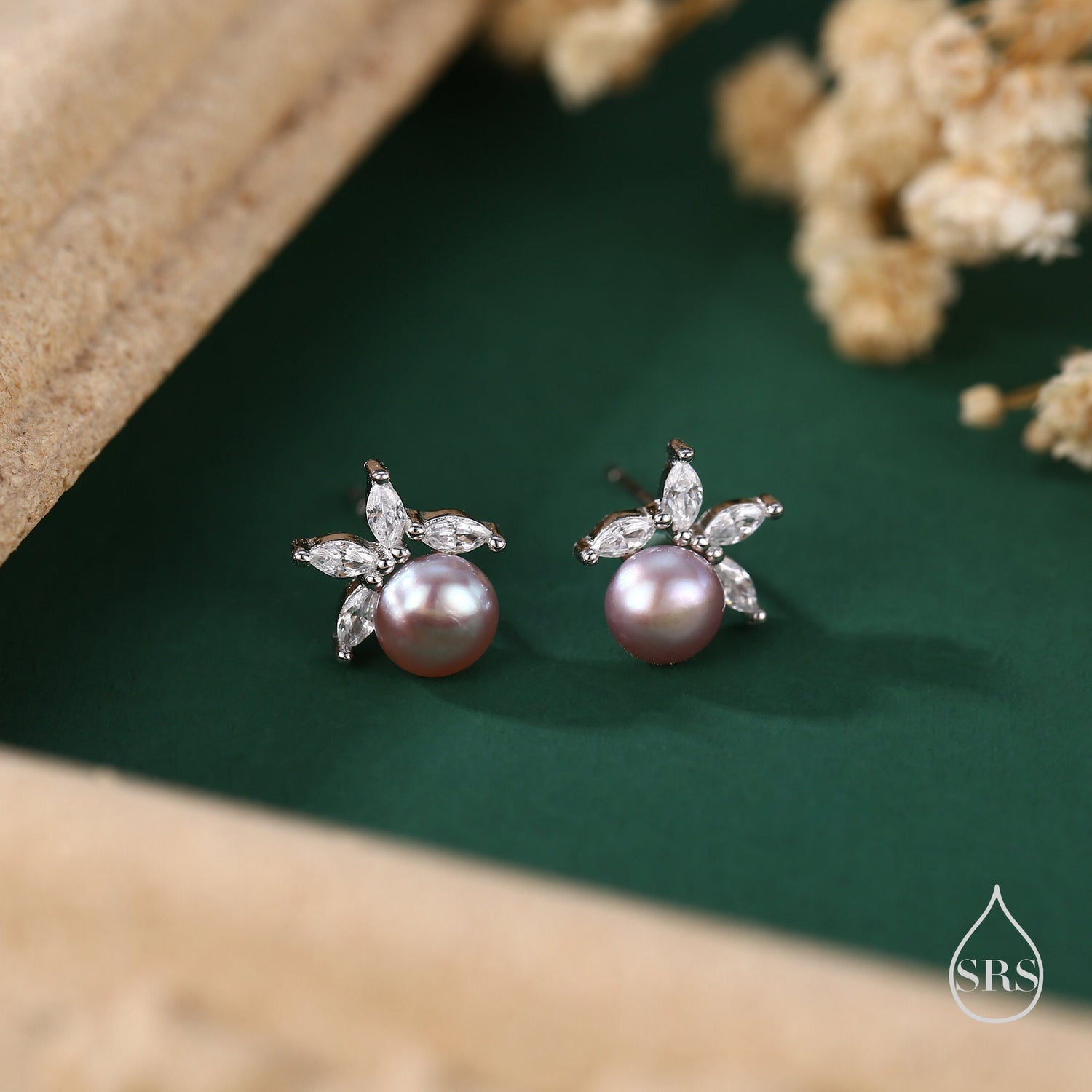Genuine Freshwater Pearl with Marquise CZ Stud Earrings in Sterling Silver, Delicate Tiny Pearl and CZ Earrings, Genuine Pearls.