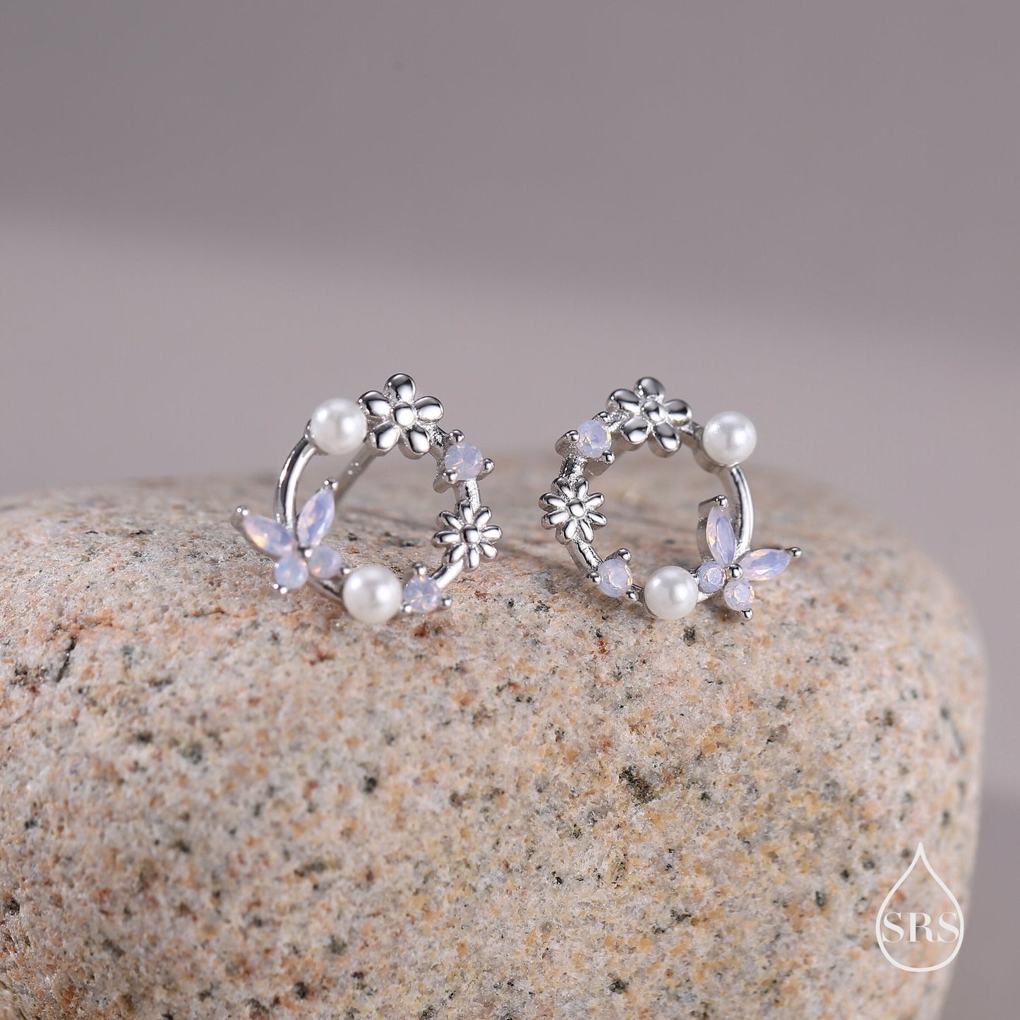 Sterling Silver Tiny Flower Wreath Stud Earrings - Opal Pink - Silver or Gold or Rose Gold, CZ Circle Flower and Butterfly Stud Earrings