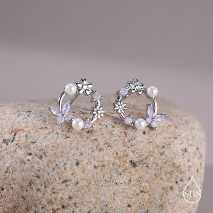 Sterling Silver Tiny Flower Wreath Stud Earrings - Opal Pink - Silver or Gold or Rose Gold, CZ Circle Flower and Butterfly Stud Earrings