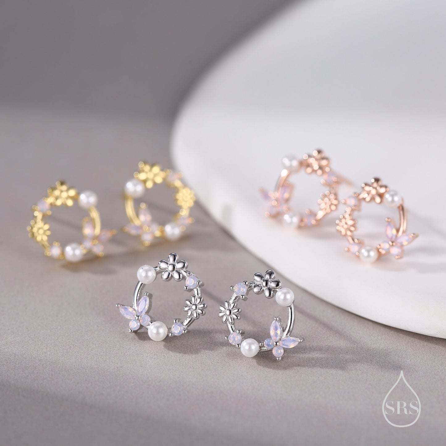 Sterling Silver Tiny Flower Wreath Stud Earrings - Opal Pink - Silver or Gold or Rose Gold, CZ Circle Flower and Butterfly Stud Earrings