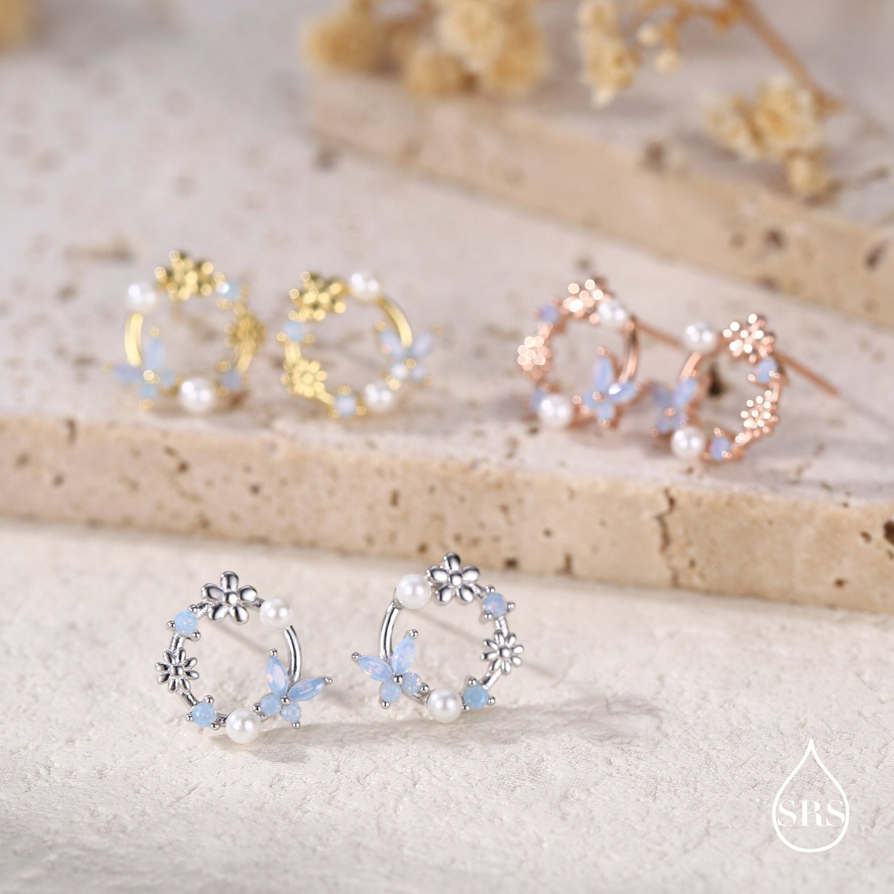 Sterling Silver Tiny Flower Wreath Stud Earrings - Opal Blue - Silver or Gold or Rose Gold, CZ Circle Flower and Butterfly Stud Earrings