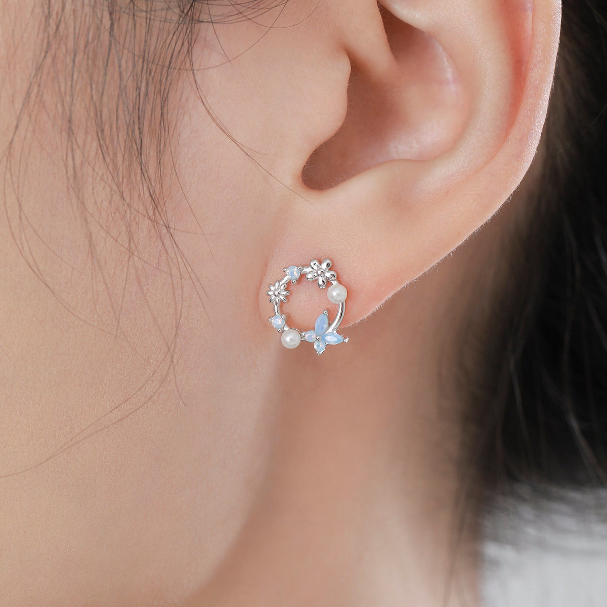 Sterling Silver Tiny Flower Wreath Stud Earrings - Opal Blue - Silver or Gold or Rose Gold, CZ Circle Flower and Butterfly Stud Earrings