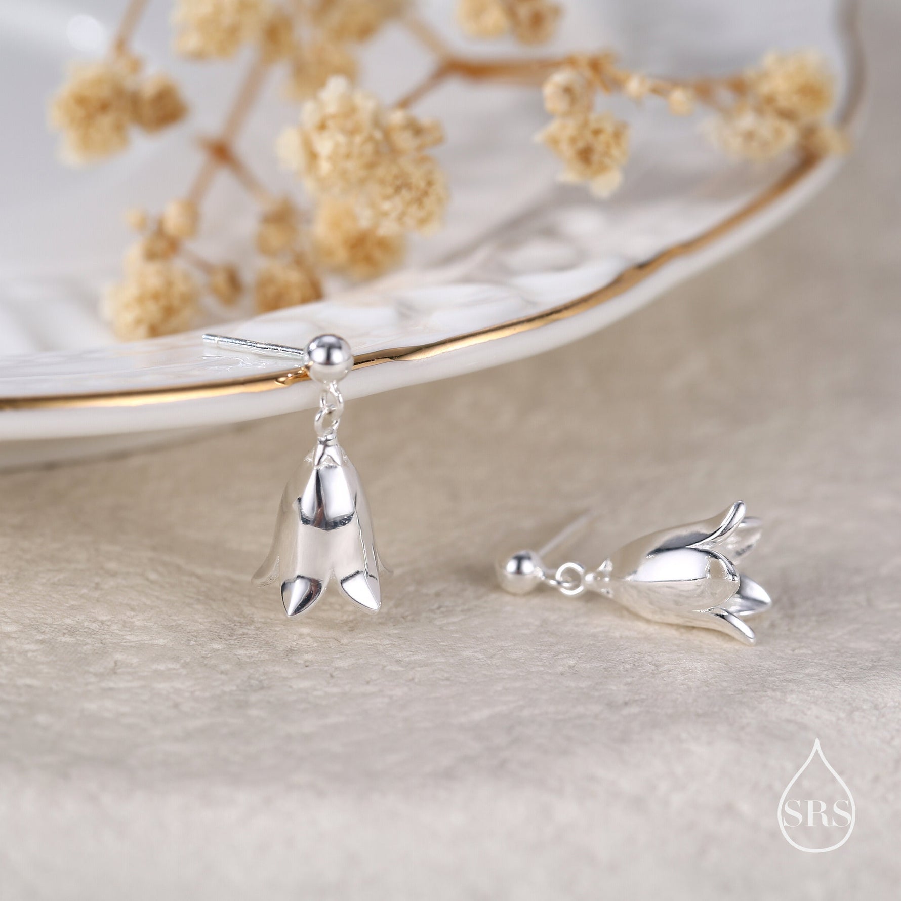 Sterling Silver Delicate Bluebell Flower Drop Stud Earrings, Dainty Dangle Bluebell Flower Earrings, Snowdrop Earrings, Spring Flowers