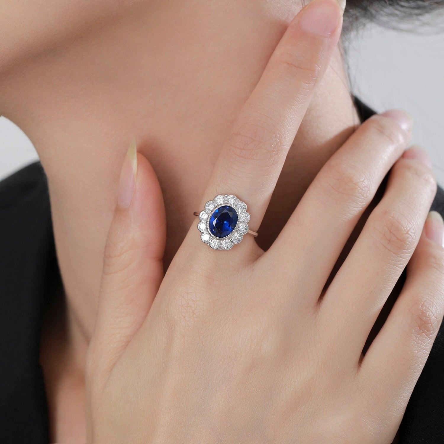 Sterling Silver Vintage Inspired Sapphire Blue CZ Ring, Adjustable Size, Blue CZ Ring, Vintage Style Sapphire Ring, Lab Created CZ RIng