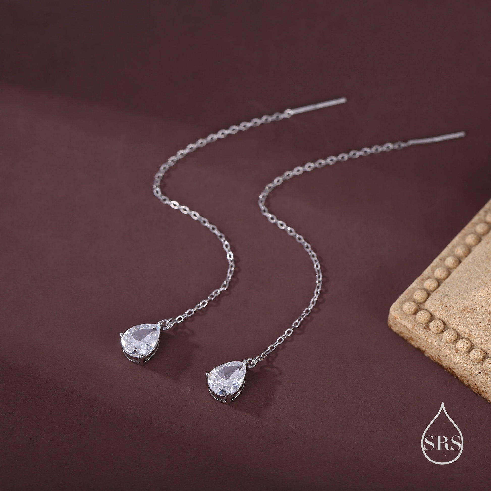 CZ Droplet Threader Earrings in Sterling Silver, Silver or Gold, Pear Cut CZ Long Ear Threaders, Sparkly CZ Threaders,