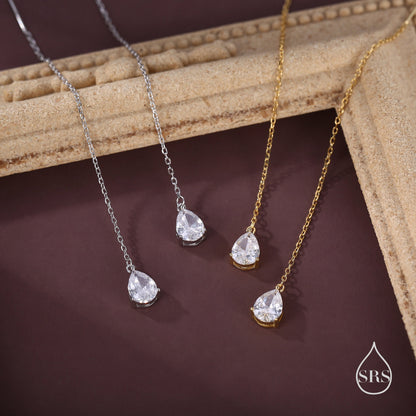 CZ Droplet Threader Earrings in Sterling Silver, Silver or Gold, Pear Cut CZ Long Ear Threaders, Sparkly CZ Threaders,