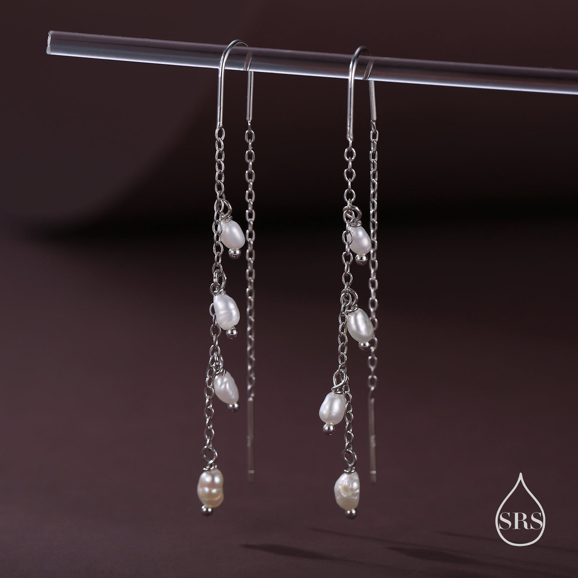 Genuine Fresh Water Pearl Cascade U Shape Threader Earrings in Sterling Silver, Silver or Gold Finish Ear Threaders, Long Threaders,