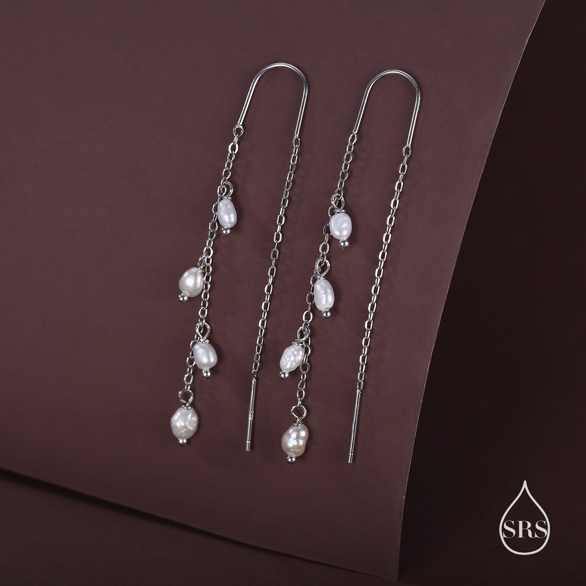 Genuine Fresh Water Pearl Cascade U Shape Threader Earrings in Sterling Silver, Silver or Gold Finish Ear Threaders, Long Threaders,