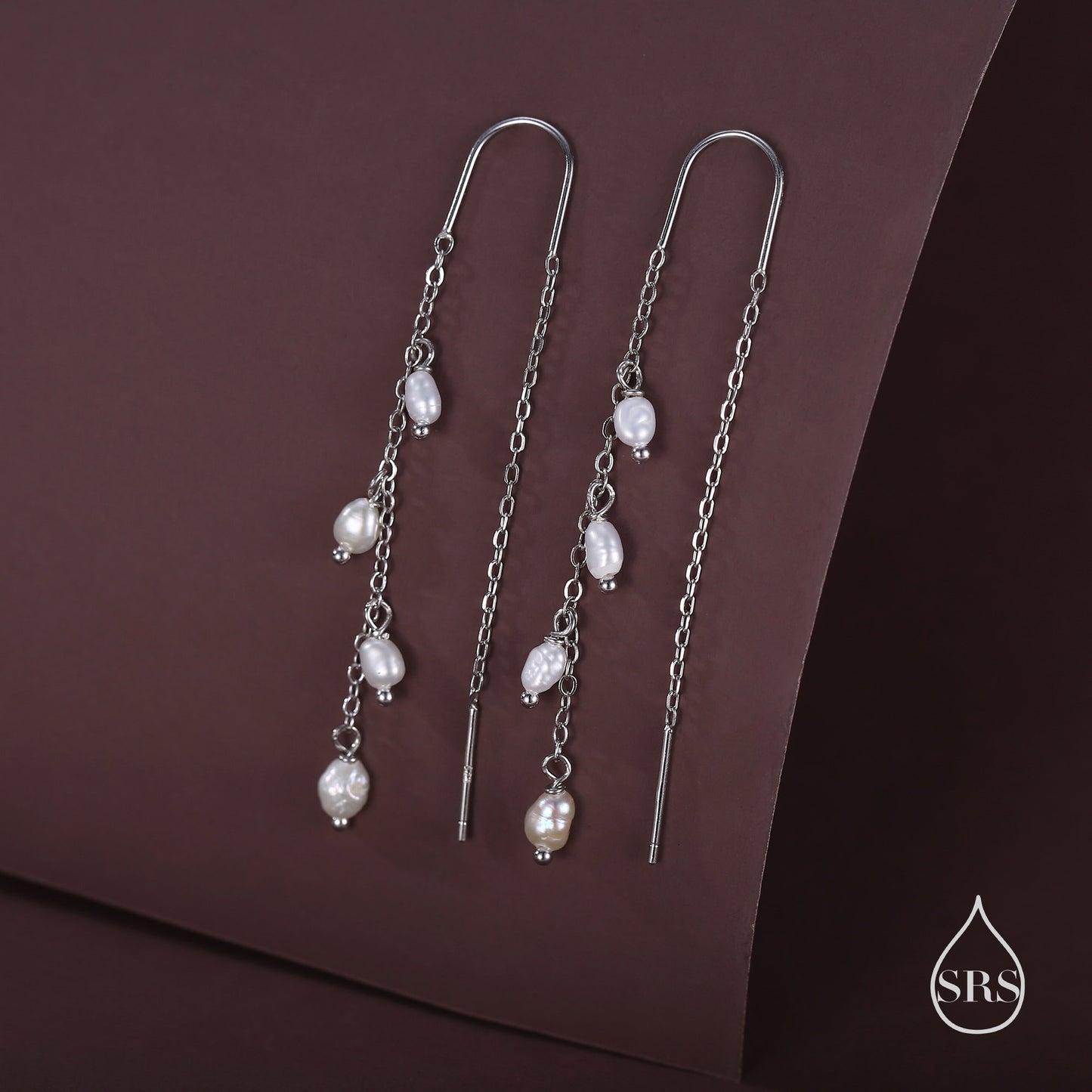 Genuine Fresh Water Pearl Cascade U Shape Threader Earrings in Sterling Silver, Silver or Gold Finish Ear Threaders, Long Threaders,