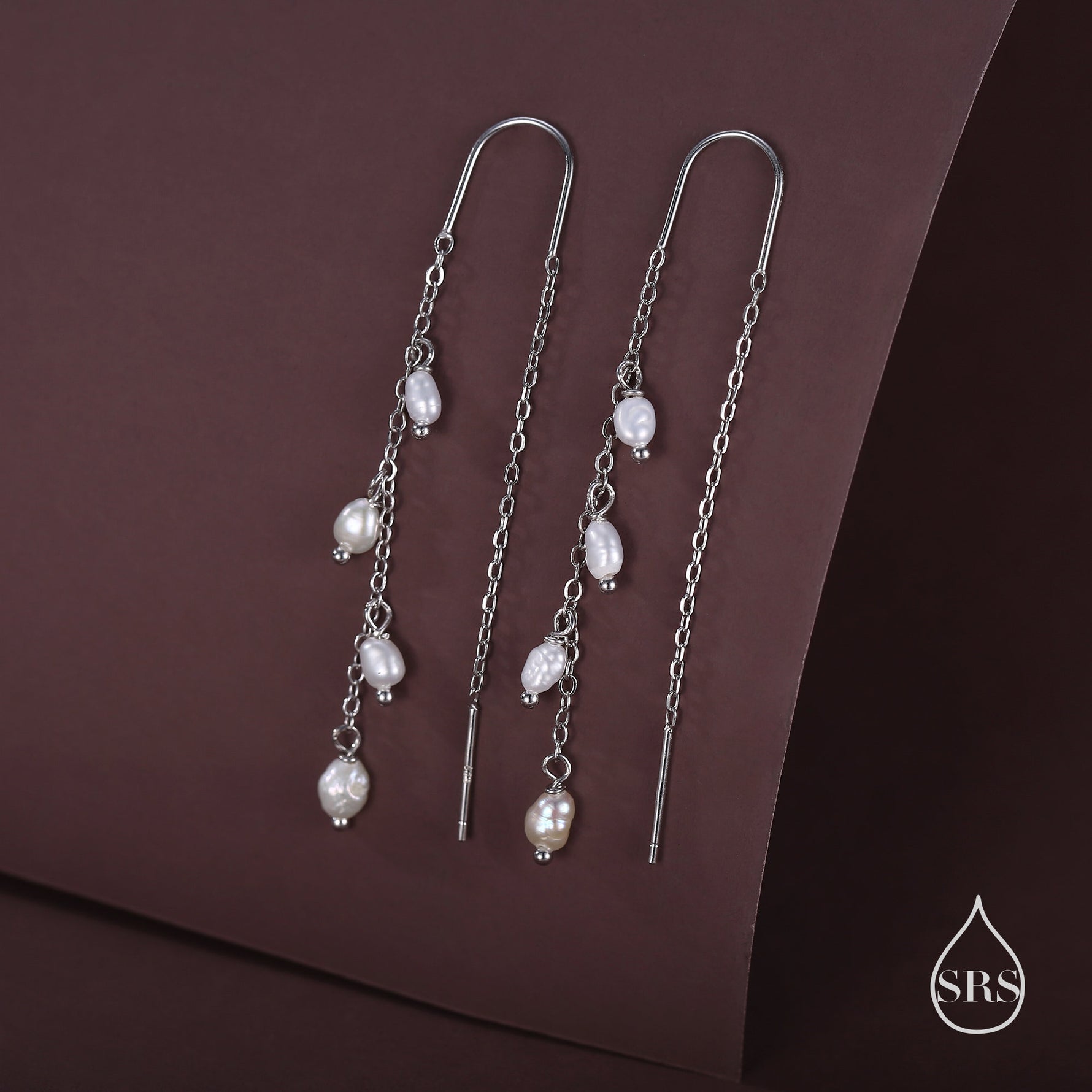 Genuine Fresh Water Pearl Cascade U Shape Threader Earrings in Sterling Silver, Silver or Gold Finish Ear Threaders, Long Threaders,