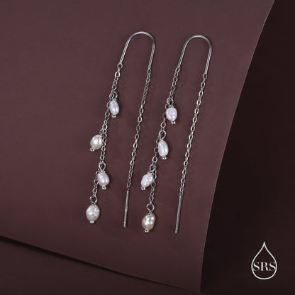 Genuine Fresh Water Pearl Cascade U Shape Threader Earrings in Sterling Silver, Silver or Gold Finish Ear Threaders, Long Threaders,