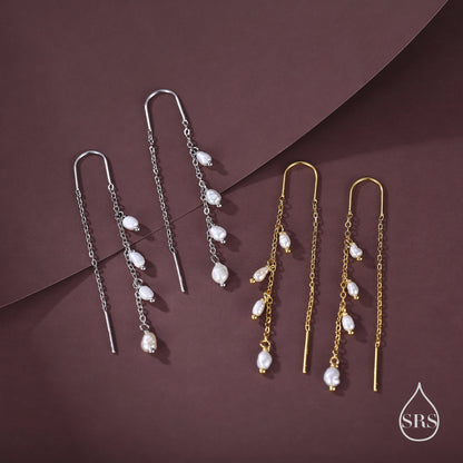 Genuine Fresh Water Pearl Cascade U Shape Threader Earrings in Sterling Silver, Silver or Gold Finish Ear Threaders, Long Threaders,
