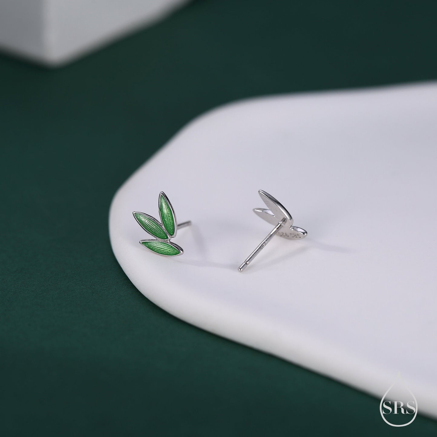 Enamel Bamboo Leaf Stud Earrings in Sterling Silver, Petite Bamboo Leaf Earrings, Small Leaf Stud, Nature Inspired