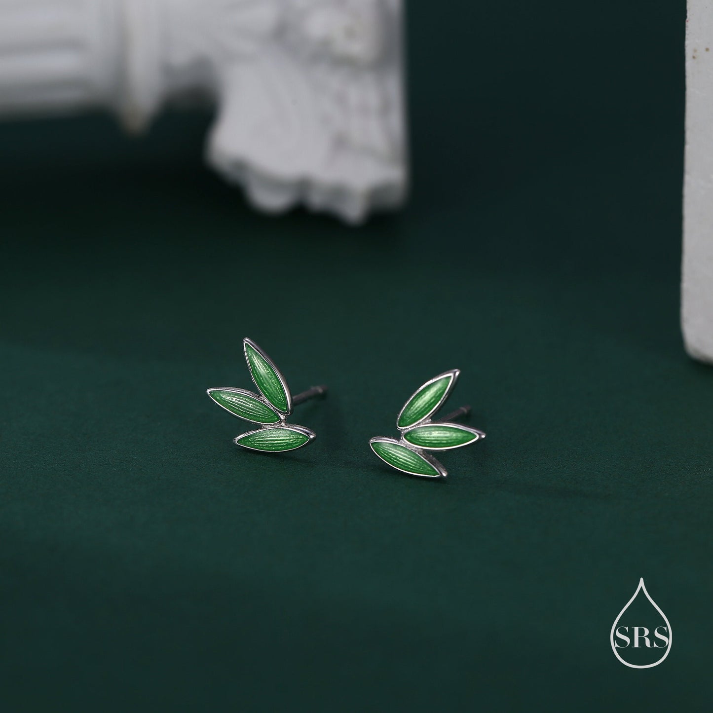 Enamel Bamboo Leaf Stud Earrings in Sterling Silver, Petite Bamboo Leaf Earrings, Small Leaf Stud, Nature Inspired