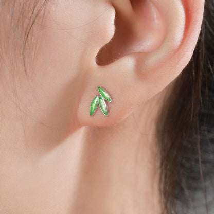 Enamel Bamboo Leaf Stud Earrings in Sterling Silver, Petite Bamboo Leaf Earrings, Small Leaf Stud, Nature Inspired