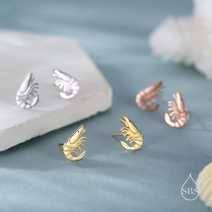 Prawn Stud Earrings in Sterling Silver, Silver or Gold or Rose Gold,  Shrimp Stud Earrings, Fish Earrings, Ocean Animal Earrings