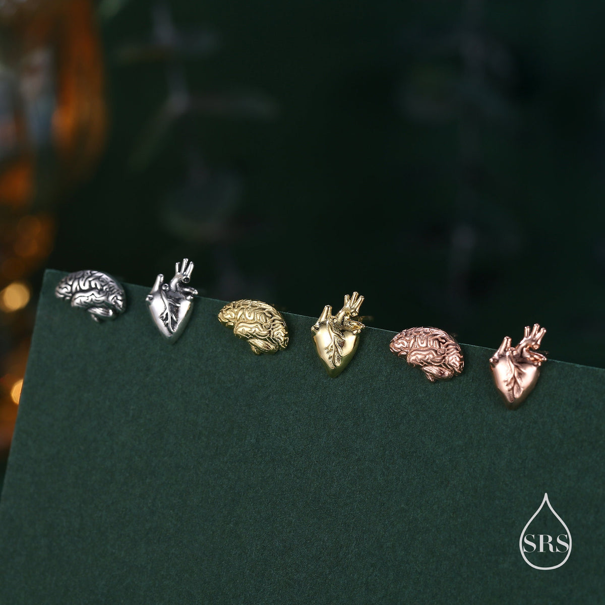 Sterling Silver Anatomical Heart and Brain Mismatched 18G Screw Back Earrings