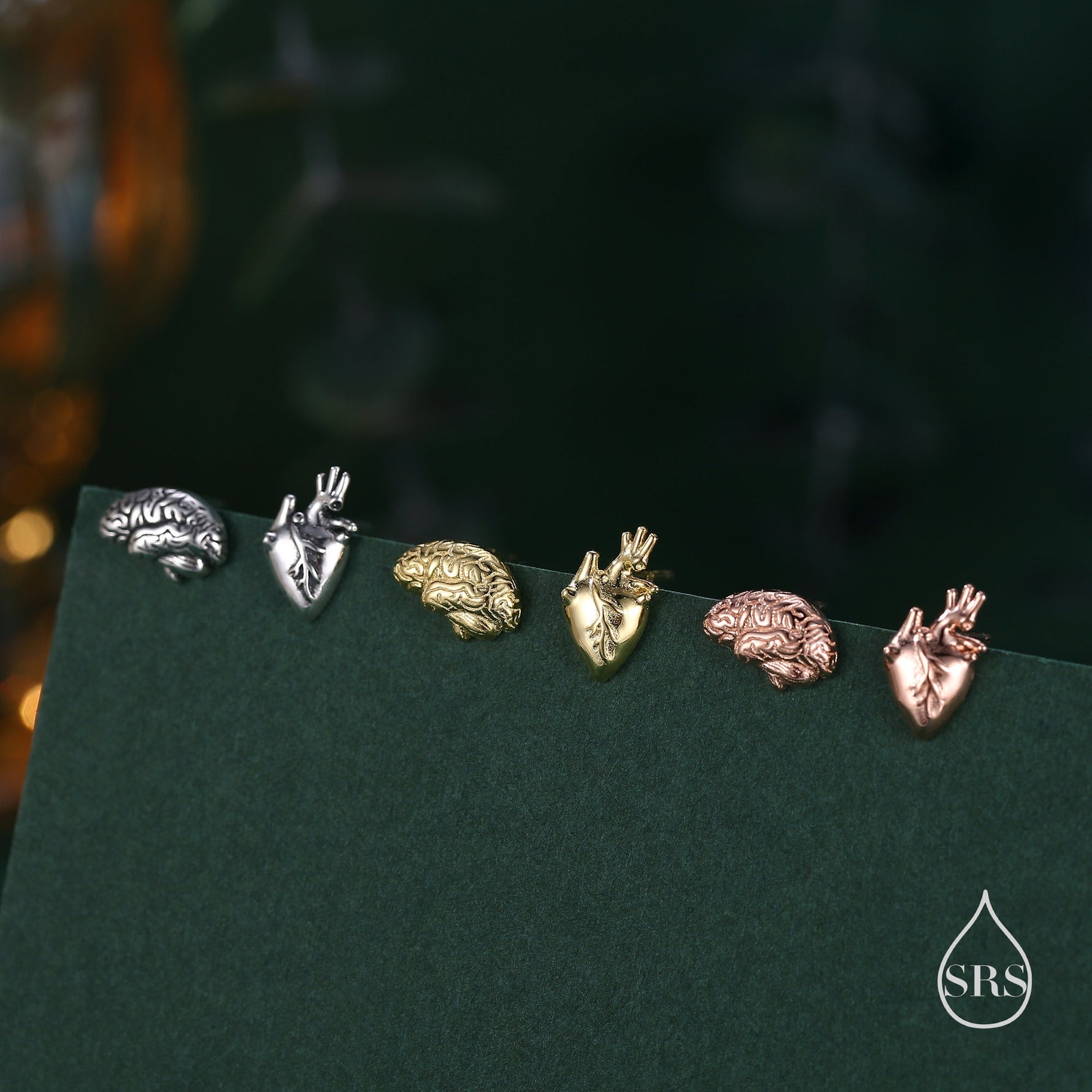 Sterling Silver Anatomical Heart and Brain Mismatched 18G Screw Back Earrings
